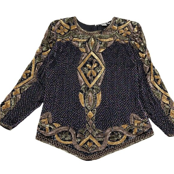 Unbranded Blouse‎ Women Medium Black Gold Multi All Bead Floral Diamond Silk VTG - Picture 1 of 12